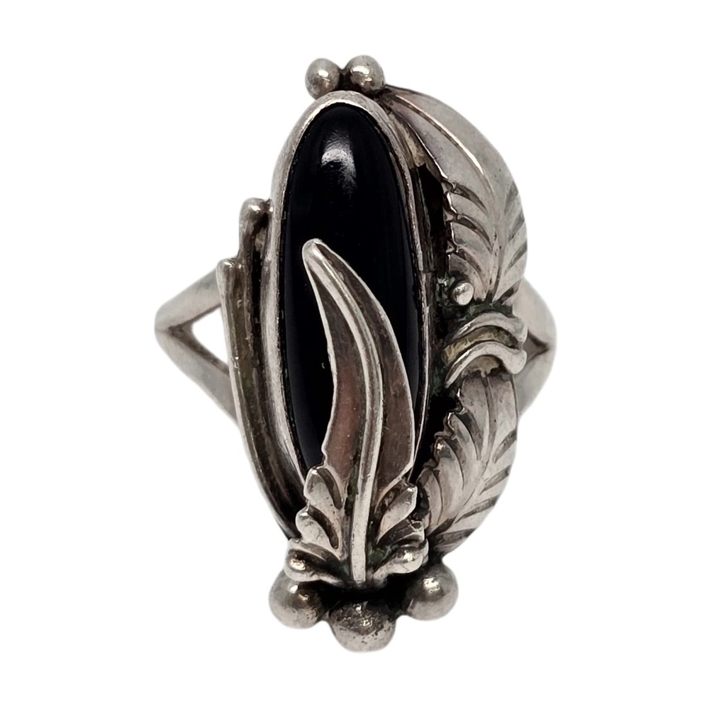 Native American Nakai Sterling Silver Feather Onyx Ring Size 7 1/4 #19110
